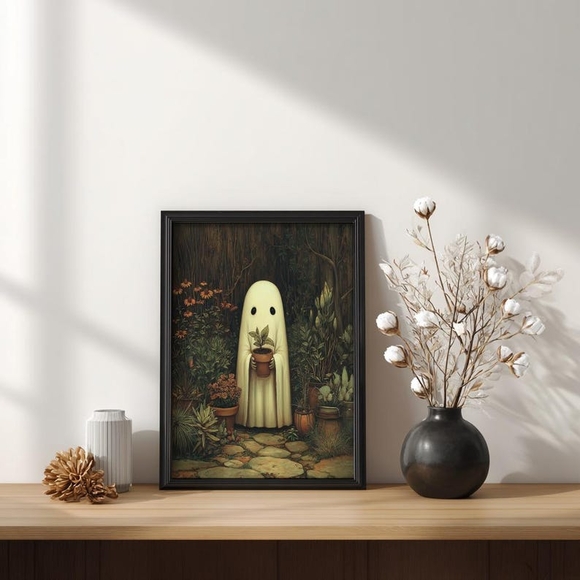 BlackParlourPress Other - Ghost in the Garden Art Print | Whimsical Cottagecore Wall Art, Spooky Cute Hall